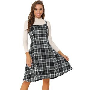 Plaid Vintage Sleeveless Tie Waist A-Line Overall Pinafore Dresses Black